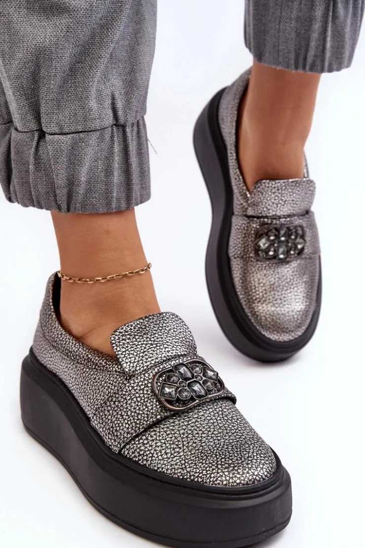 Damskie Laura Messi Skórzane Półbuty Damskie Na Platformie Z Ozdobą 2697/810 Srebrne