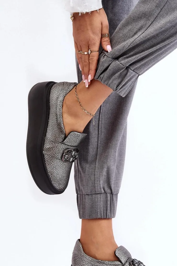 Damskie Laura Messi Skórzane Półbuty Damskie Na Platformie Z Ozdobą 2697/810 Srebrne