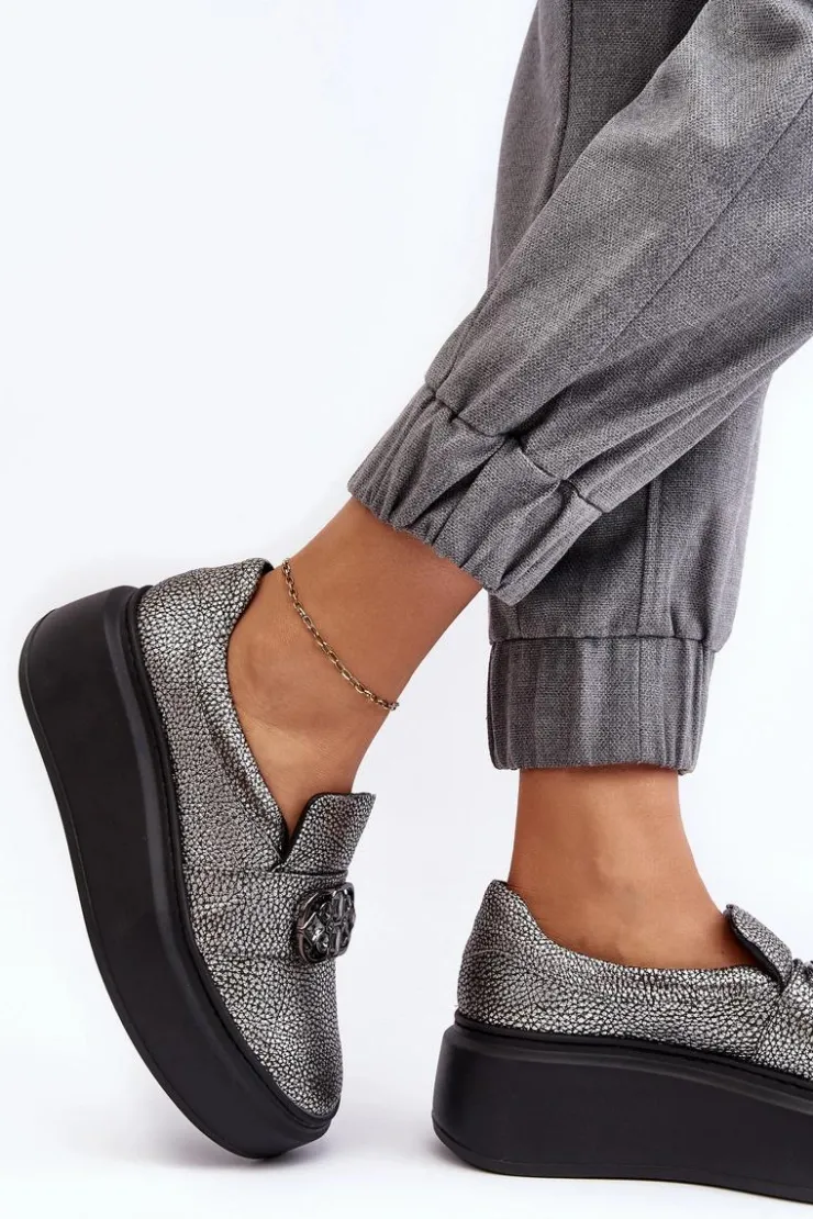 Damskie Laura Messi Skórzane Półbuty Damskie Na Platformie Z Ozdobą 2697/810 Srebrne