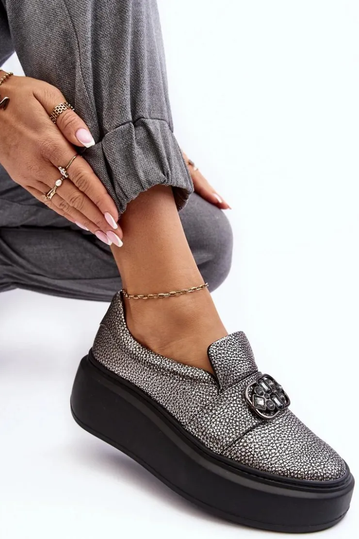 Damskie Laura Messi Skórzane Półbuty Damskie Na Platformie Z Ozdobą 2697/810 Srebrne