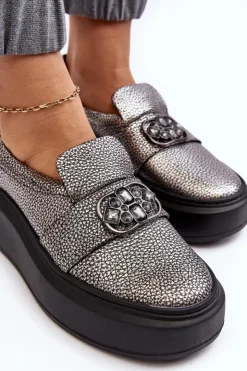 Damskie Laura Messi Skórzane Półbuty Damskie Na Platformie Z Ozdobą 2697/810 Srebrne