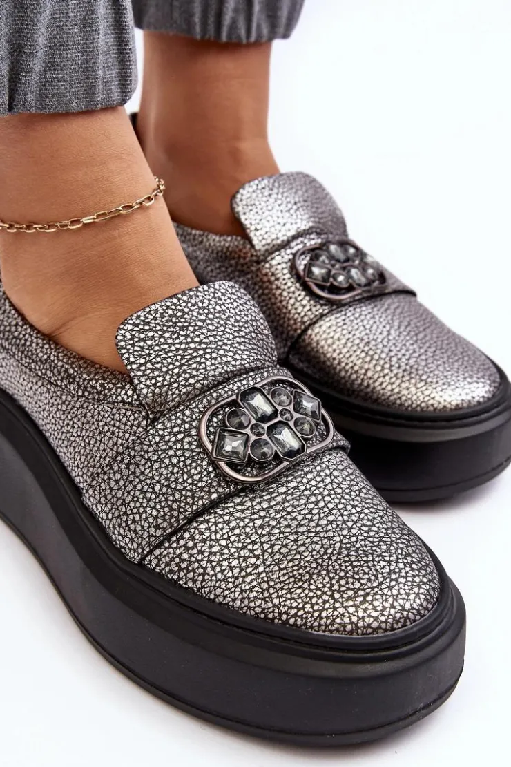 Damskie Laura Messi Skórzane Półbuty Damskie Na Platformie Z Ozdobą 2697/810 Srebrne