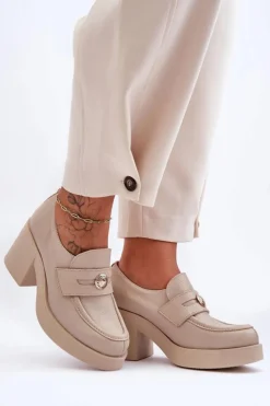 Damskie Boto Skórzane Półbuty Damskie Na Słupku Beżowe Lemar Dunadia