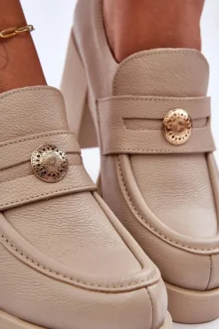 Damskie Boto Skórzane Półbuty Damskie Na Słupku Beżowe Lemar Dunadia