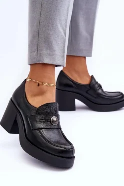 Outlet Boto Skórzane Półbuty Damskie Na Słupku Czarne Lemar Dunadia