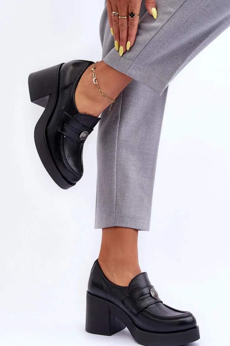 Outlet Boto Skórzane Półbuty Damskie Na Słupku Czarne Lemar Dunadia