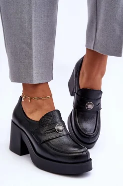 Outlet Boto Skórzane Półbuty Damskie Na Słupku Czarne Lemar Dunadia