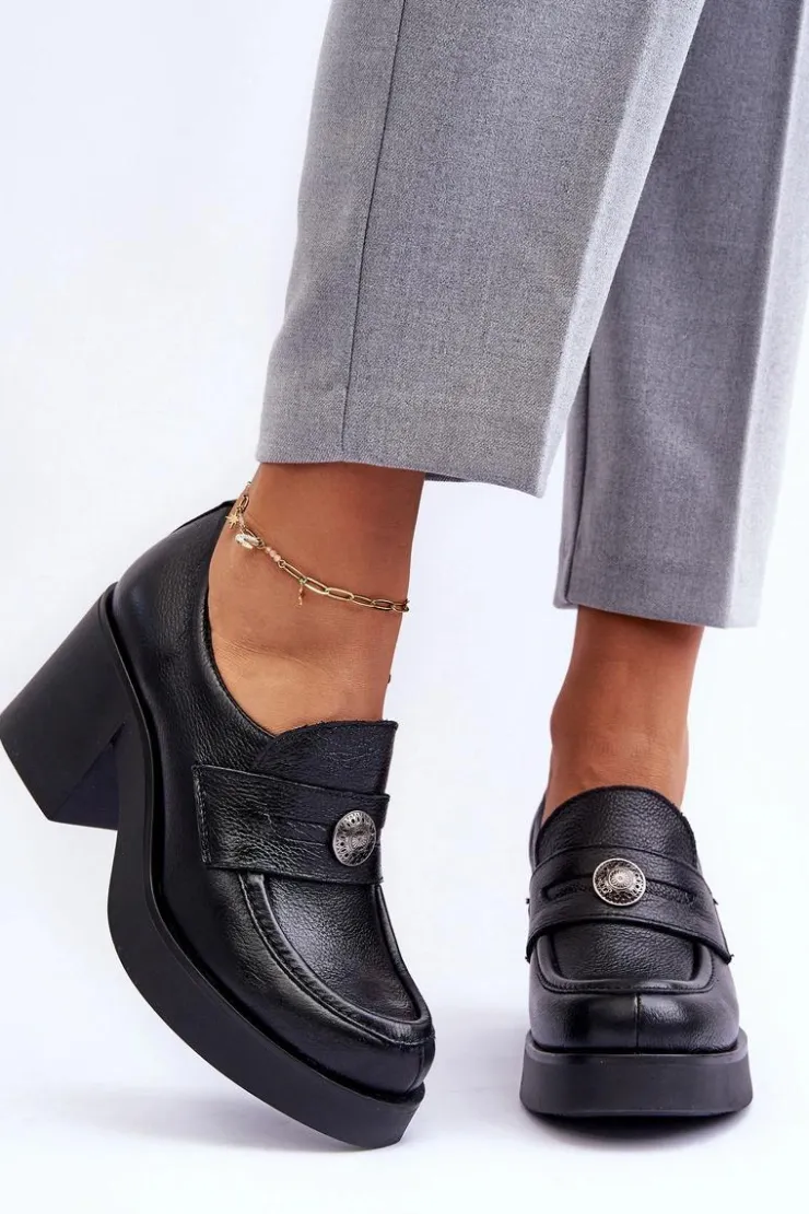 Outlet Boto Skórzane Półbuty Damskie Na Słupku Czarne Lemar Dunadia