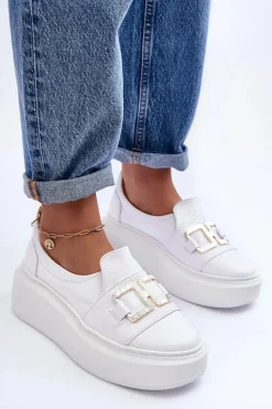 Boto Półbuty Skórzane*Skórzane Półbuty Damskie Na Platformie Białe Lewski 3398/2