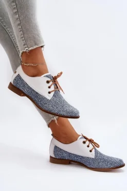 Damskie Maciejka Skórzane Półbuty Damskie Na Płaskim Obcasie 06461-17 Niebieskie