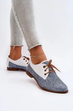 Damskie Maciejka Skórzane Półbuty Damskie Na Płaskim Obcasie 06461-17 Niebieskie