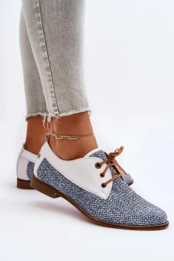 Damskie Maciejka Skórzane Półbuty Damskie Na Płaskim Obcasie 06461-17 Niebieskie