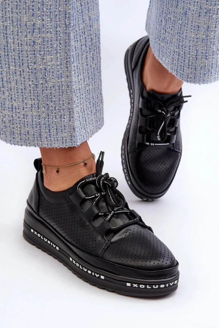 New Damskie buty S.Barski Skórzane Półbuty Damskie Na Platformie S.Barski LR769A Czarne