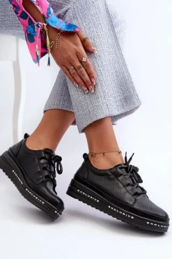 New Damskie buty S.Barski Skórzane Półbuty Damskie Na Platformie S.Barski LR769A Czarne