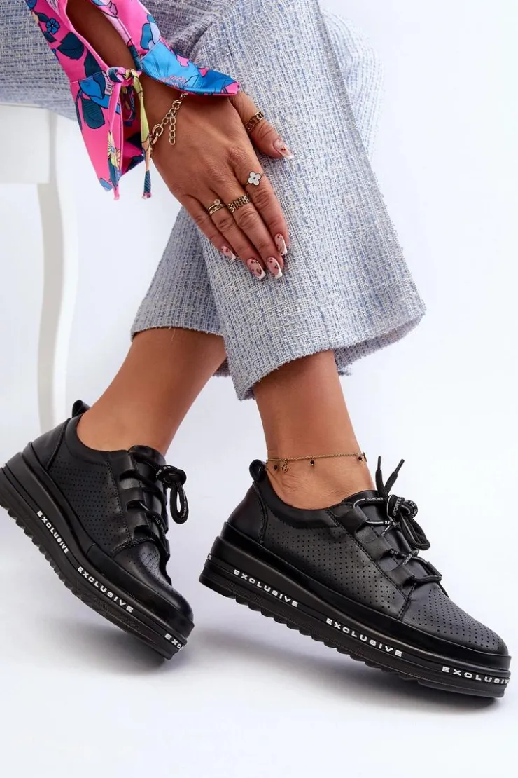 New Damskie buty S.Barski Skórzane Półbuty Damskie Na Platformie S.Barski LR769A Czarne