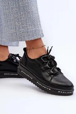 New Damskie buty S.Barski Skórzane Półbuty Damskie Na Platformie S.Barski LR769A Czarne