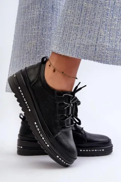 New Damskie buty S.Barski Skórzane Półbuty Damskie Na Platformie S.Barski LR769A Czarne