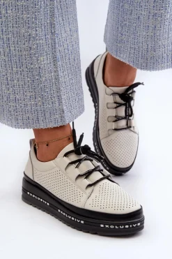 Damskie Damskie buty S.Barski Skórzane Półbuty Damskie Na Platformie S.Barski LR769A Beżowe