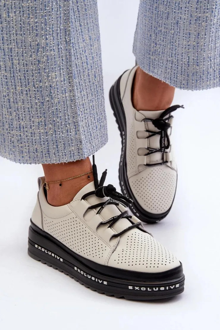 Damskie Damskie buty S.Barski Skórzane Półbuty Damskie Na Platformie S.Barski LR769A Beżowe