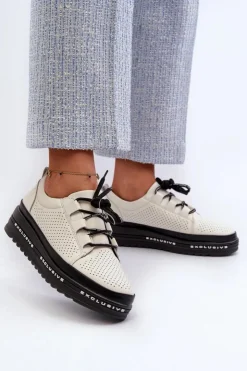 Damskie Damskie buty S.Barski Skórzane Półbuty Damskie Na Platformie S.Barski LR769A Beżowe