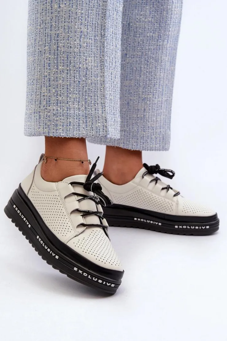 Damskie Damskie buty S.Barski Skórzane Półbuty Damskie Na Platformie S.Barski LR769A Beżowe