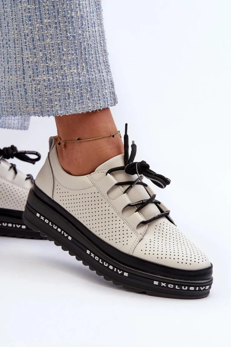 Damskie Damskie buty S.Barski Skórzane Półbuty Damskie Na Platformie S.Barski LR769A Beżowe