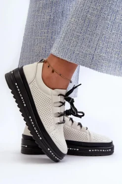 Damskie Damskie buty S.Barski Skórzane Półbuty Damskie Na Platformie S.Barski LR769A Beżowe