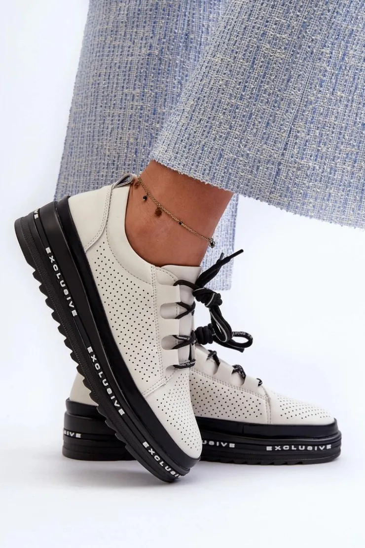 Damskie Damskie buty S.Barski Skórzane Półbuty Damskie Na Platformie S.Barski LR769A Beżowe