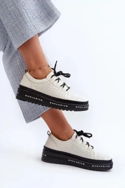 Damskie Damskie buty S.Barski Skórzane Półbuty Damskie Na Platformie S.Barski LR769A Beżowe