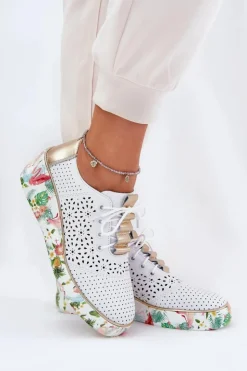 Damskie Artiker Skórzane Półbuty Damskie Na Koturnie 56C1800 Biało-Złote