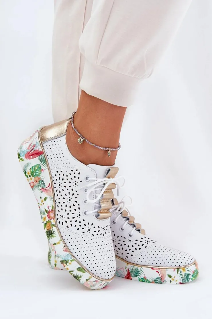 Damskie Artiker Skórzane Półbuty Damskie Na Koturnie 56C1800 Biało-Złote