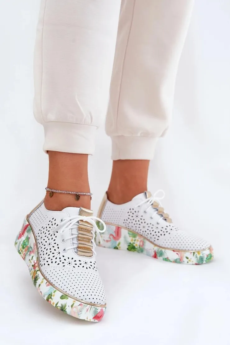 Damskie Artiker Skórzane Półbuty Damskie Na Koturnie 56C1800 Biało-Złote