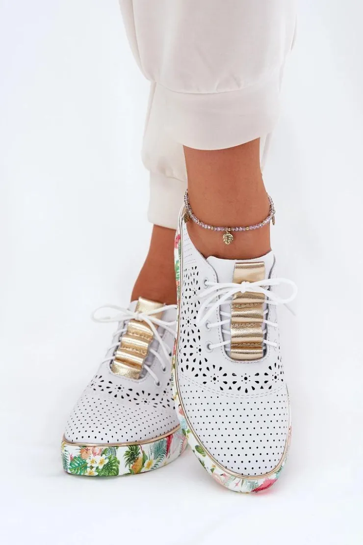 Damskie Artiker Skórzane Półbuty Damskie Na Koturnie 56C1800 Biało-Złote