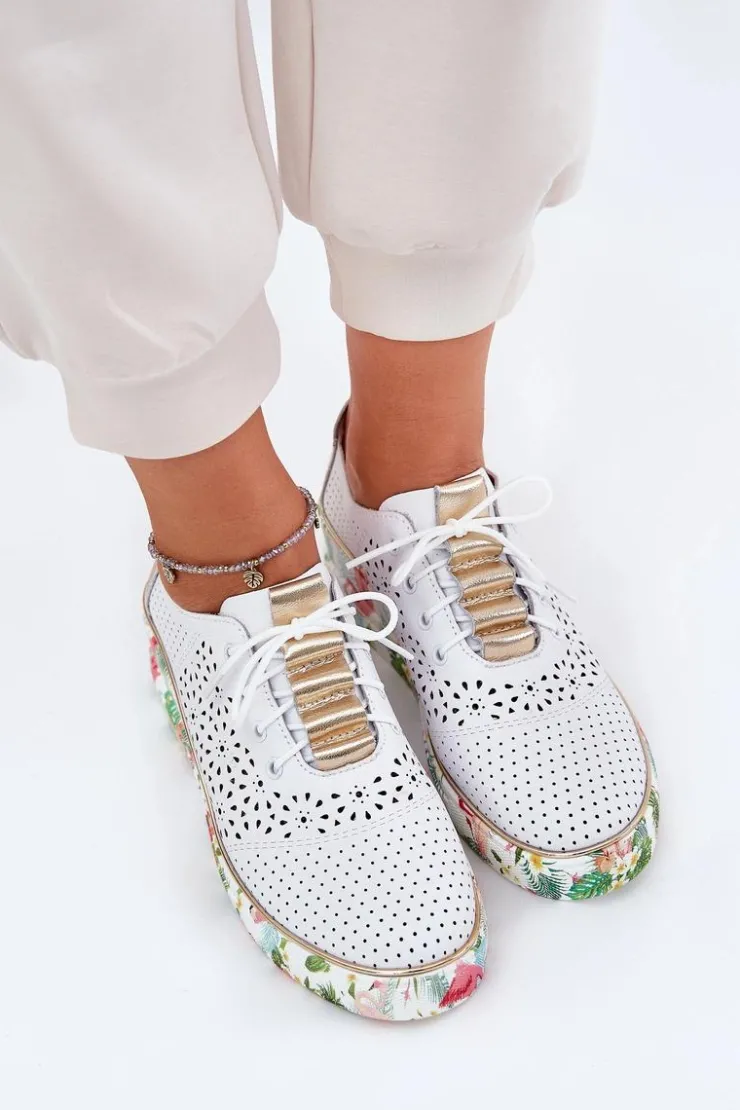 Damskie Artiker Skórzane Półbuty Damskie Na Koturnie 56C1800 Biało-Złote