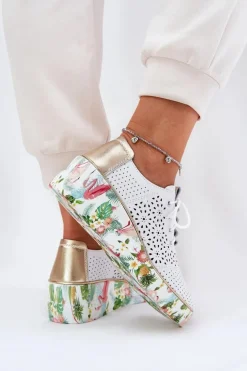 Damskie Artiker Skórzane Półbuty Damskie Na Koturnie 56C1800 Biało-Złote