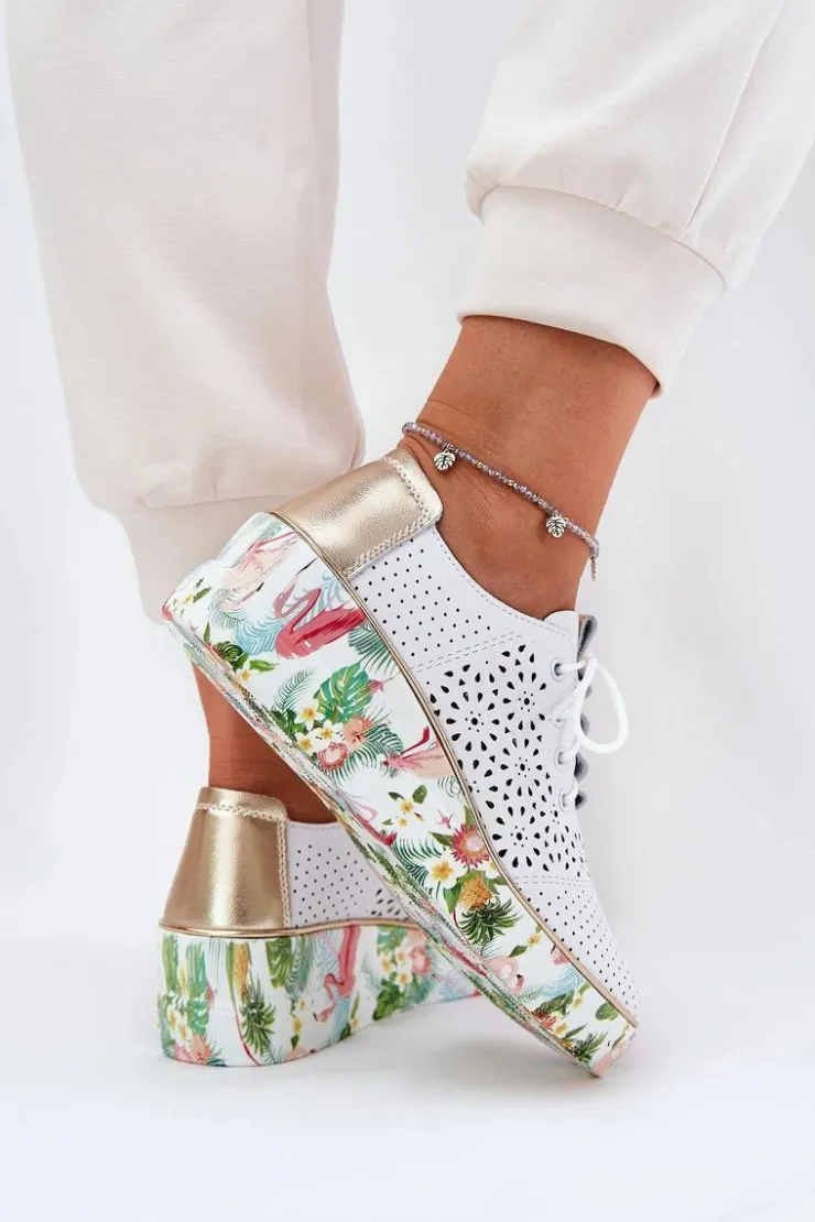 Damskie Artiker Skórzane Półbuty Damskie Na Koturnie 56C1800 Biało-Złote