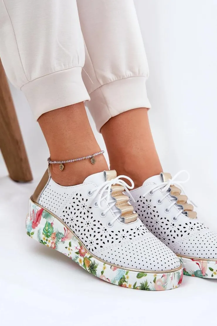 Damskie Artiker Skórzane Półbuty Damskie Na Koturnie 56C1800 Biało-Złote