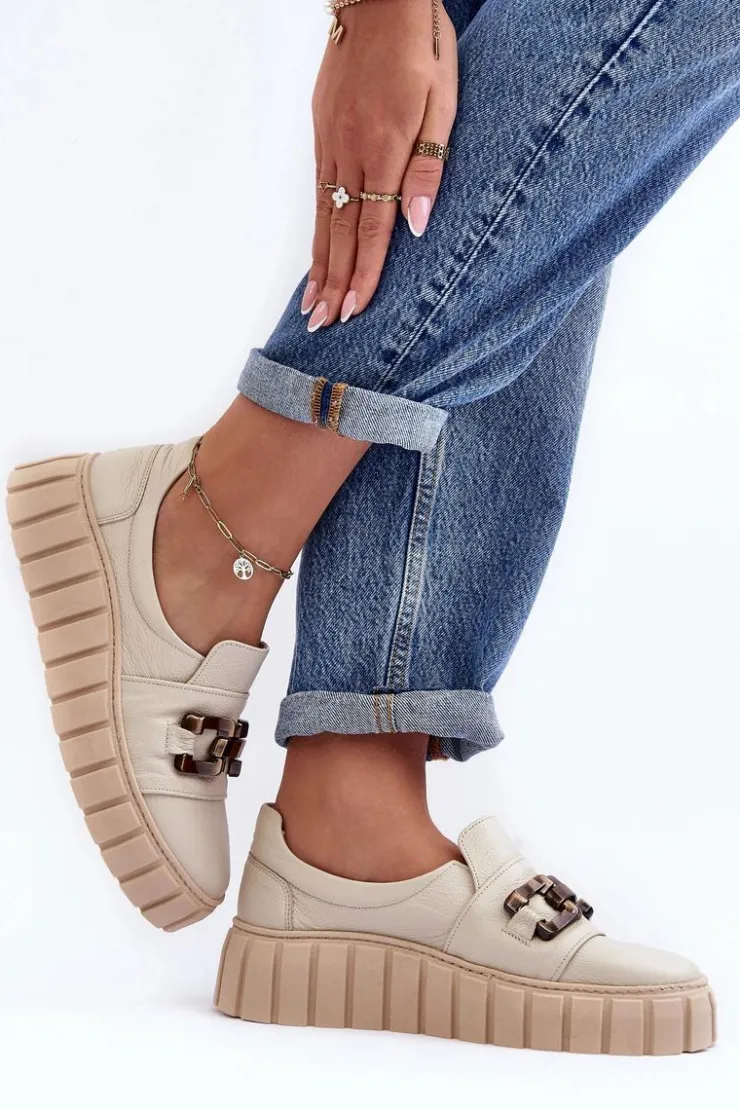 Damskie Boto Skórzane Półbuty Damskie Na Platformie Z Ozdobą Beżowe Lewski 3398