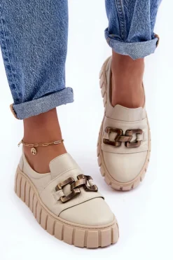 Damskie Boto Skórzane Półbuty Damskie Na Platformie Z Ozdobą Beżowe Lewski 3398