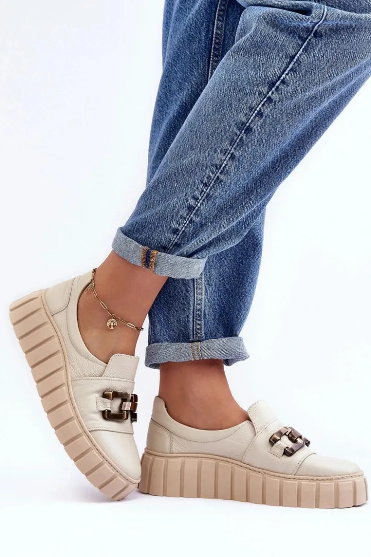 Damskie Boto Skórzane Półbuty Damskie Na Platformie Z Ozdobą Beżowe Lewski 3398