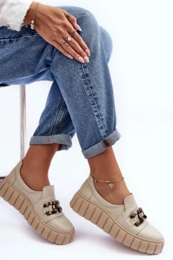 Damskie Boto Skórzane Półbuty Damskie Na Platformie Z Ozdobą Beżowe Lewski 3398