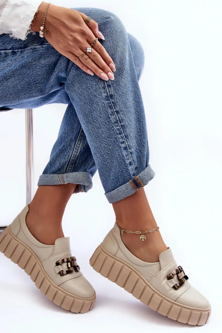 Damskie Boto Skórzane Półbuty Damskie Na Platformie Z Ozdobą Beżowe Lewski 3398