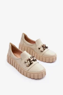 Damskie Boto Skórzane Półbuty Damskie Na Platformie Z Ozdobą Beżowe Lewski 3398