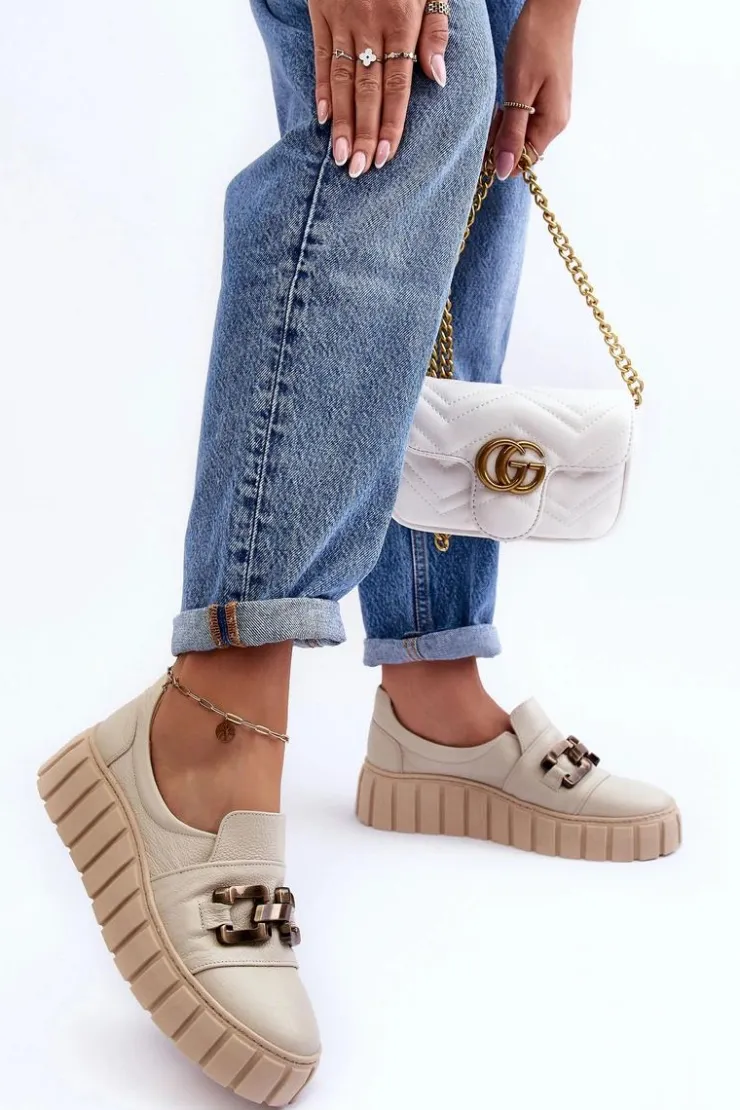 Damskie Boto Skórzane Półbuty Damskie Na Platformie Z Ozdobą Beżowe Lewski 3398