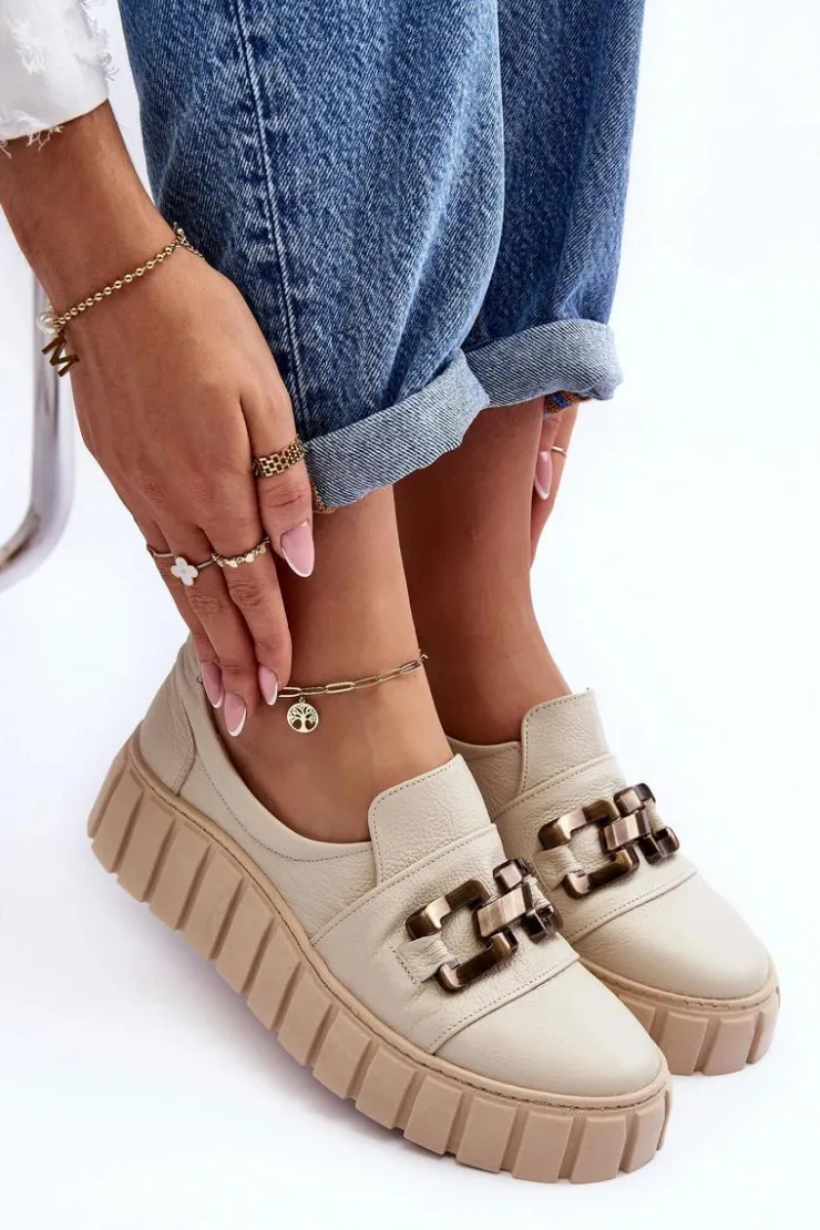 Damskie Boto Skórzane Półbuty Damskie Na Platformie Z Ozdobą Beżowe Lewski 3398