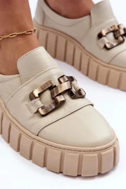 Damskie Boto Skórzane Półbuty Damskie Na Platformie Z Ozdobą Beżowe Lewski 3398