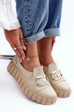 Best Boto Skórzane Półbuty Damskie Na Platformie Beżowe Lewski 3398 Beżowy