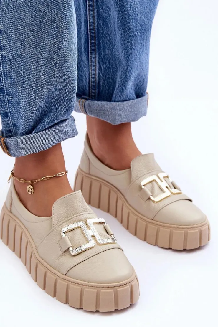 Best Boto Skórzane Półbuty Damskie Na Platformie Beżowe Lewski 3398 Beżowy