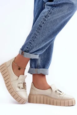 Best Boto Skórzane Półbuty Damskie Na Platformie Beżowe Lewski 3398 Beżowy