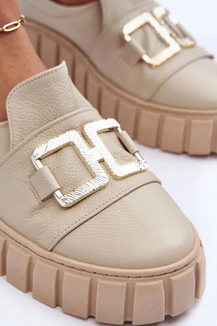 Best Boto Skórzane Półbuty Damskie Na Platformie Beżowe Lewski 3398 Beżowy